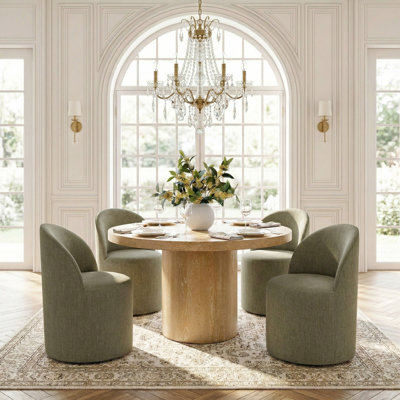 4 - Person Dining Table Sets With Solid Wood Round Table & 4 Upholstered Linen Swivel Chairs