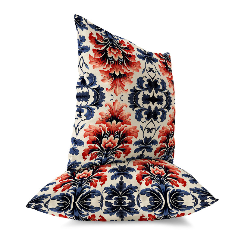 Red and Gray Damask Reversible Square Throw Pillow