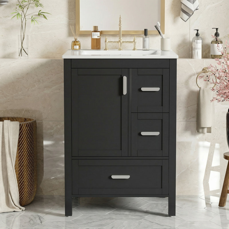Meuble-lavabo moderne 24 po avec lavabo en céramique, 3 tiroirs, porte à fermeture en douceur et tablette double pour petite salle de bain - Certifié EPA / UPC