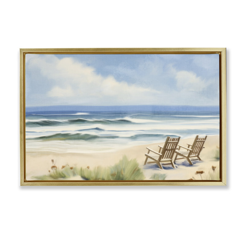 «Beach Coast Chair View Floater», art mural par Kim Allen, H 21 po x l 31 po, Cadre flottant métallique doré