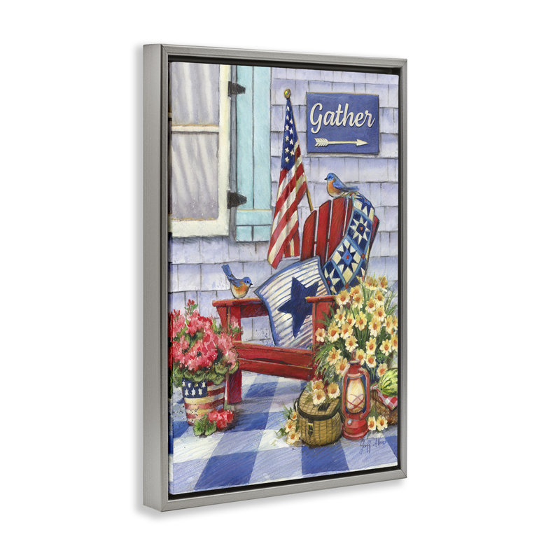 Toile flottante encadrée Patriotic Porch View par Geoff Allen, H 25 po x l 17 po, Cadre flottant gris