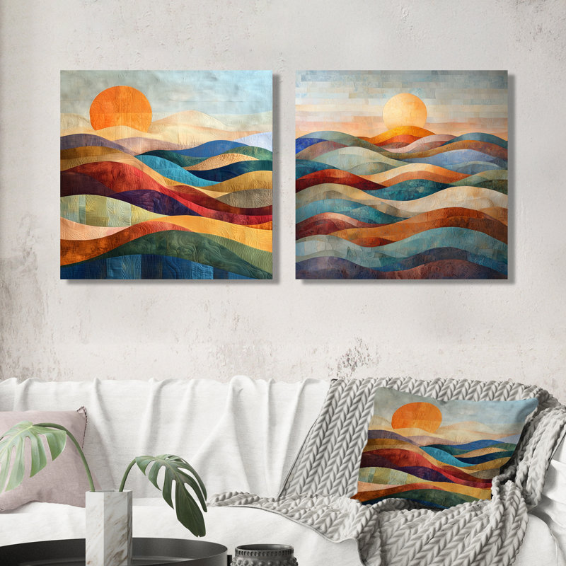 «Heart Tones Bold Mountains Landscape I» - paysages abstraits, décoration murale - art mural moderne 2 pièces, Toile tendue