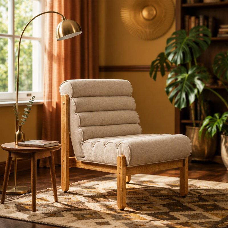 Chaise d'appoint Living Fluffy beige foncé avec structure en bois massif naturel, Beige Polyester, Natural