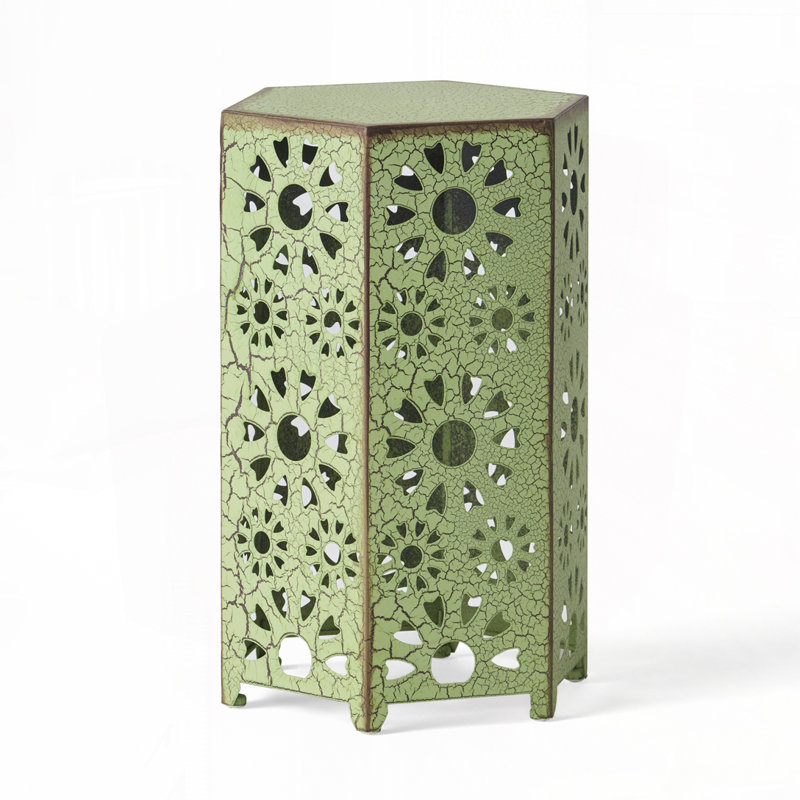 Patio Side Table With Hexagon Top and Metal Base, Green