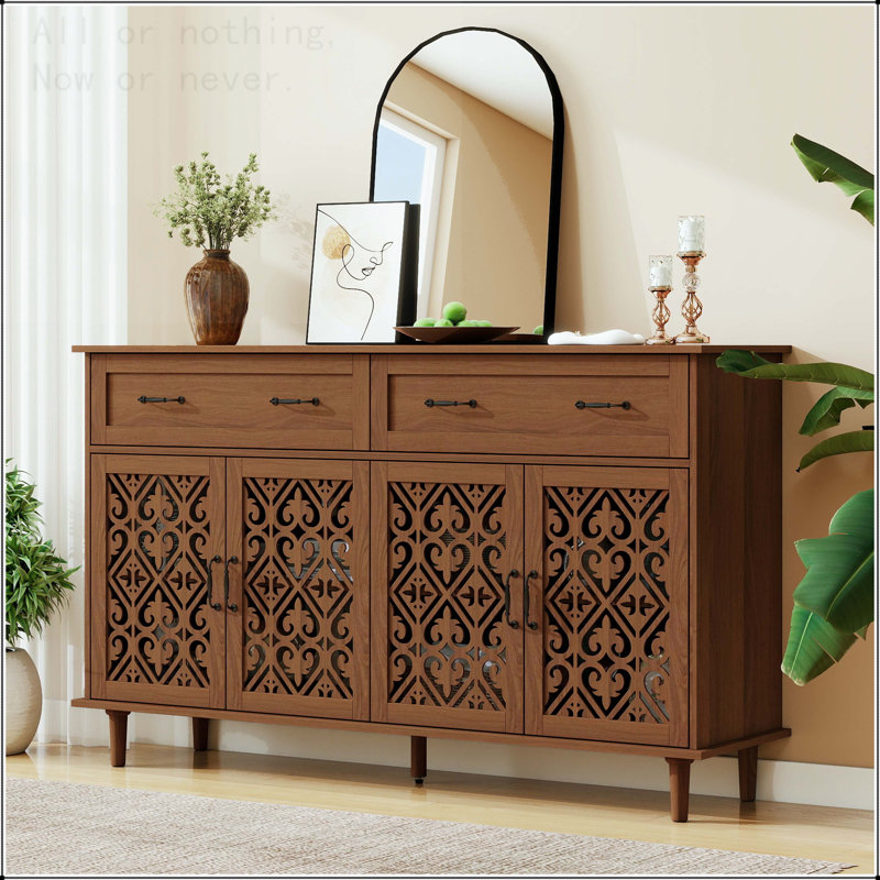 Buffet rétro avec portes géométriques sculptées à la main et finition bicolore, Noyer