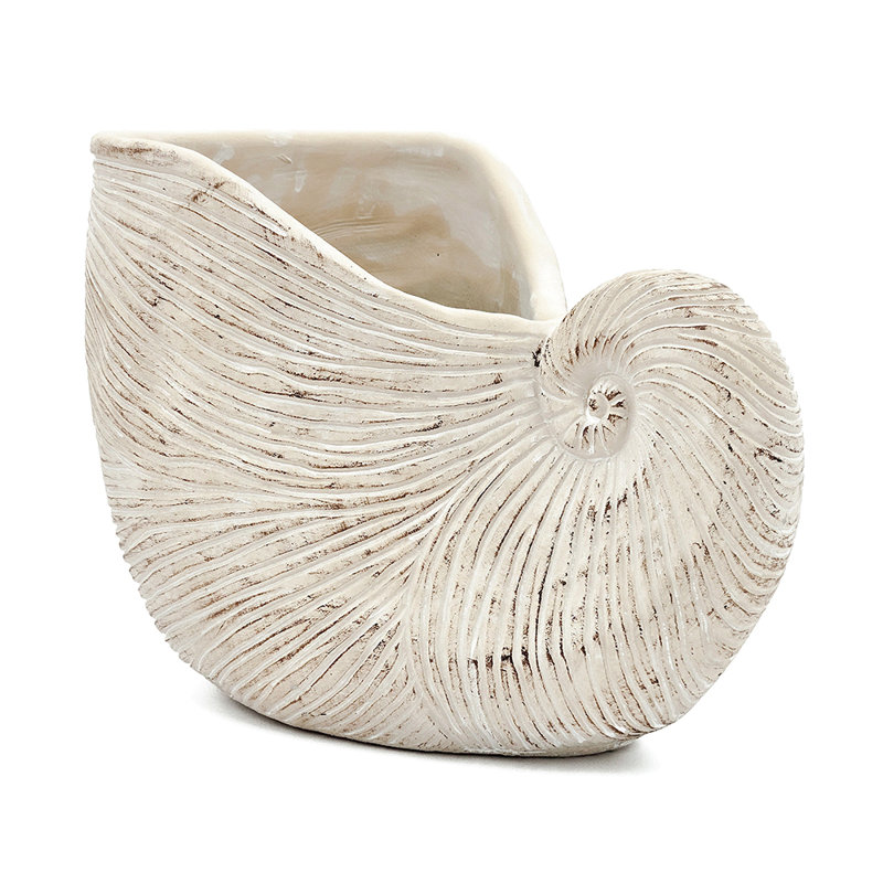 Sand And Cement Nautilus Shell Planter With Textured Beige Finish, 7.7" H x 11.5" W x 6.7" D