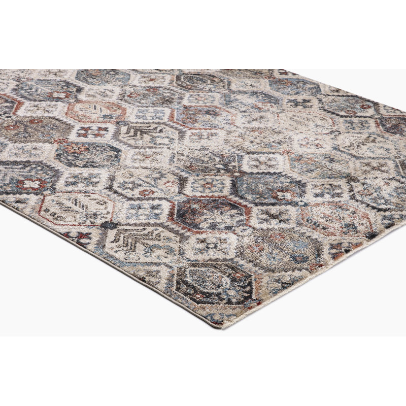 Tapis bleu antique à motif géométrique Emmalani, Rectangle 5 pi 3 po x 7 pi 3 po