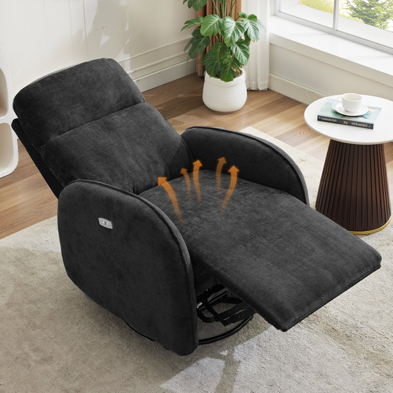 Chenille Black 3-Position Swivel Power Nursery Recliner With USB And Induction Light Strip For Living Room, Black