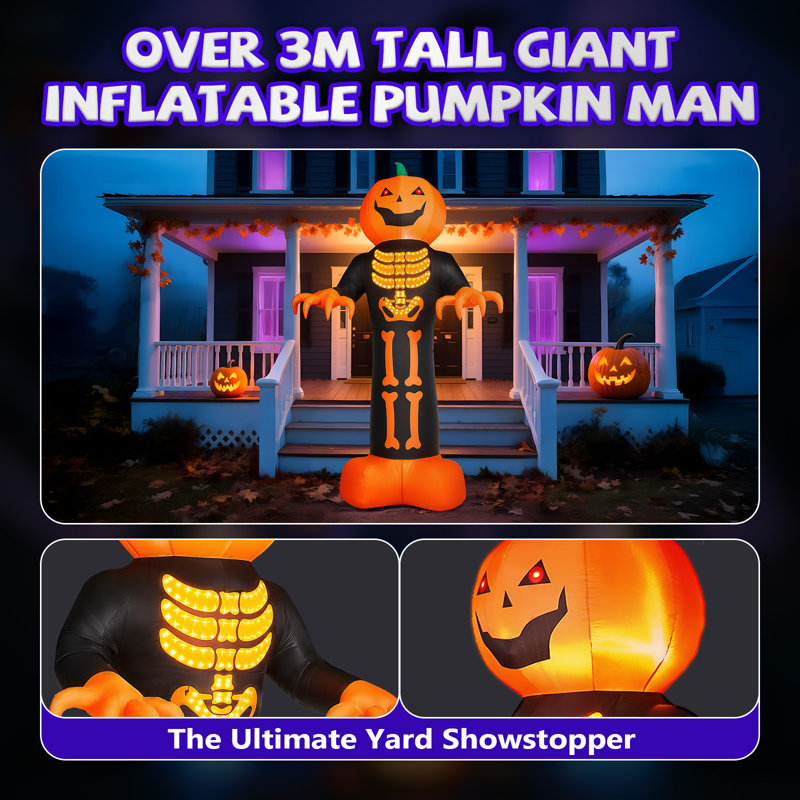 Décoration d'Halloween gonflable citrouille squelette 12 pi avec lumières DEL 12 pi