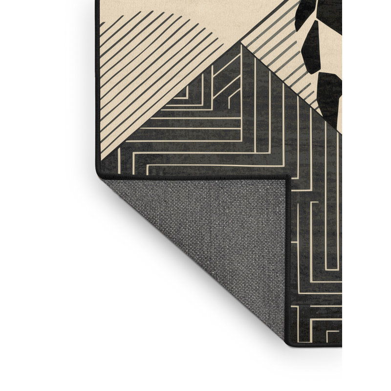 Tapis doux et moelleux à motif géométrique moderne et élégant Minotaur Kelton en beige - reliure noire, 5 x 8