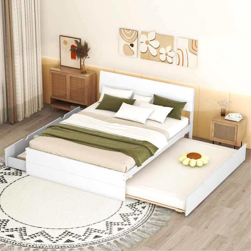 Lit luxueux avec lit gigogne simple et 2 tiroirs polyvalents fonctionnels dans des boîtes blanches modernes et pratiques