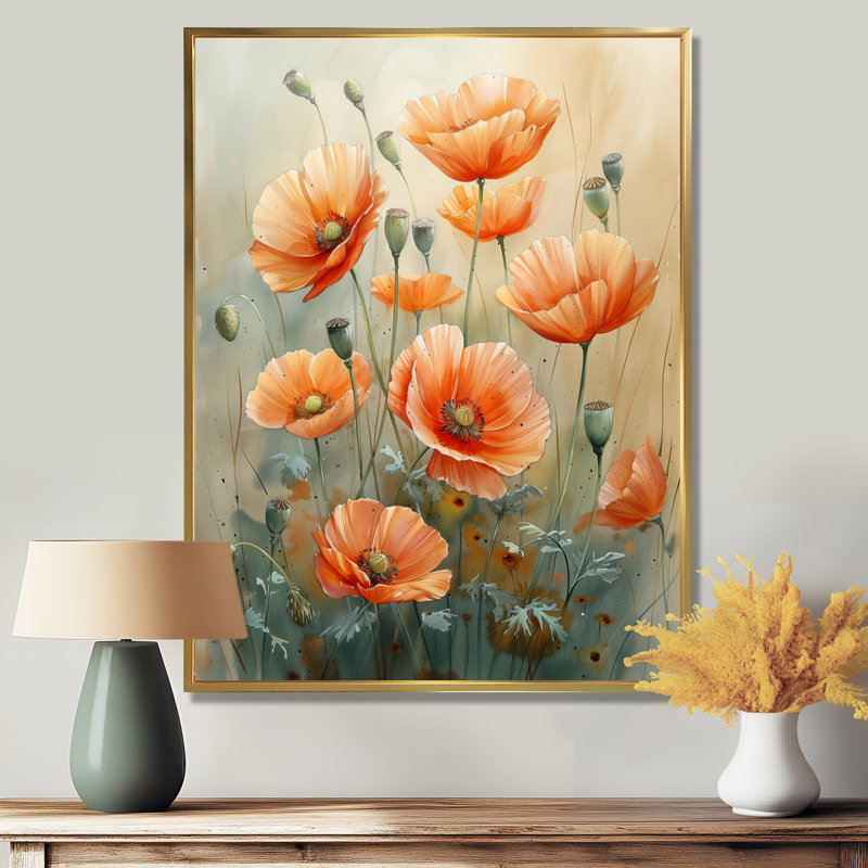 Orange Poppies Whispers Of Love - décoration murale coquelicots, Cadre flottant doré, H 12 po x l 20 po