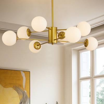 Abat-jour sphérique moderne en or de 8 po avec abat-jour en verre blanc, pour le salon, la salle à manger et l'éclairage de chambre à coucher, salon d'inspiration Mid-Century, décor de salle à manger