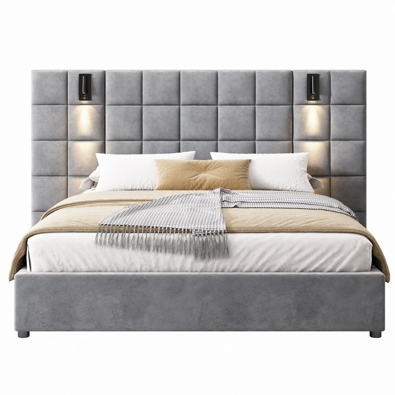 Lit moderne, lit tapissier, avec lampe de lecture et port USB, tête de lit large, sans tables de chevet et matelas, velours