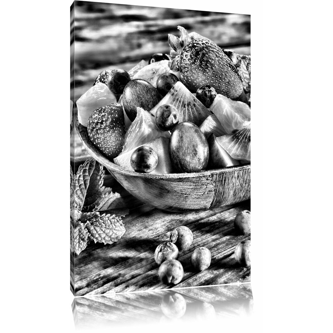 Leinwandbild Fruits Apfel Weintraube Kirsche Obstkorb in Monochrom