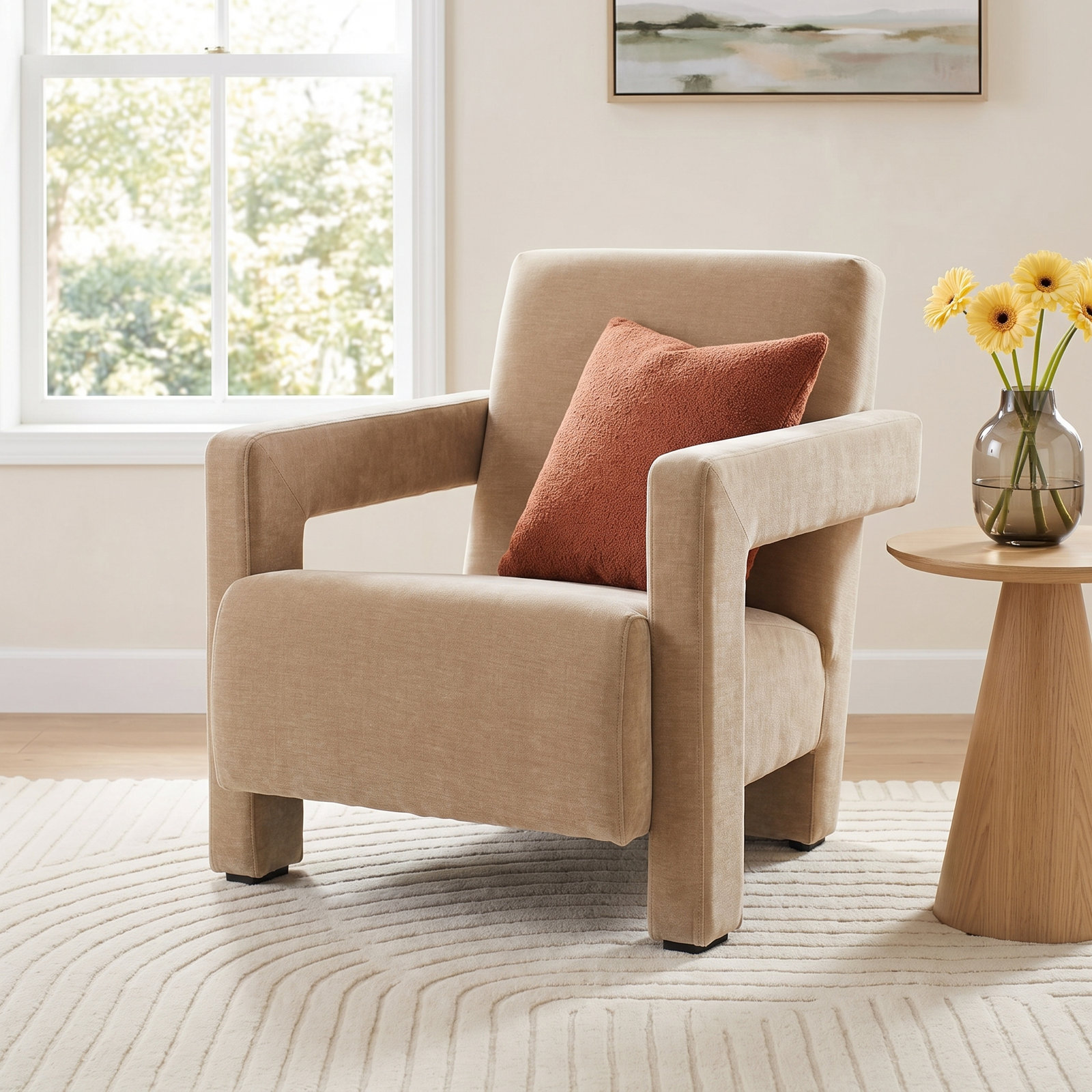 Olsen Pine Velvet Armchair, Light Brown Velvet