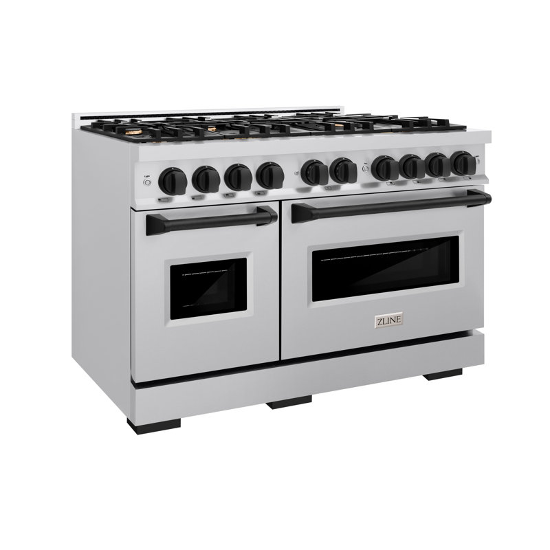 ZLINE Autograph Edition 48 in. 6.7 cu. ft. Classic Double Oven Gas Range with 8 Burner Cooktop, Matte Black, Stainless Steel