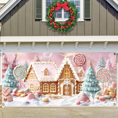7x16ft Pastel Candy House Garage Door Decoration - Christmas Tree Backdrop - Magical Holiday Outdoor Wall Decor