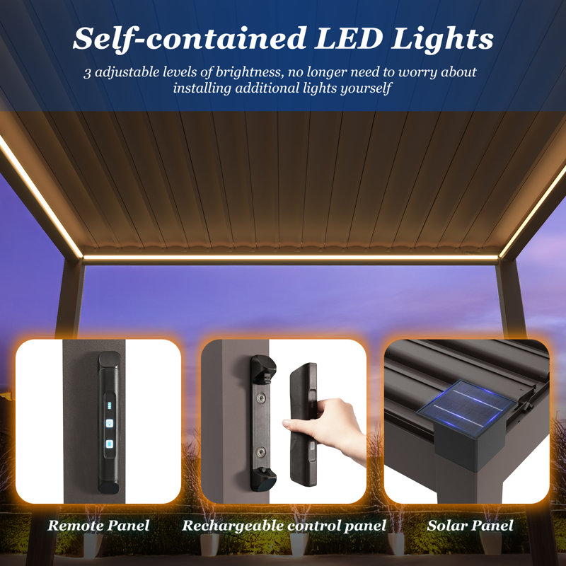 LED Outdoor Louvered Pergola, Full Aluminum Frame with Rainproof Double Aluminum Louvers & Hidden Drainage System & Solar-powered for Patio, Garden
