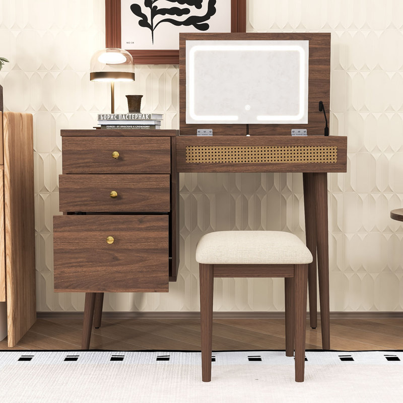 Vantiy Desk with Mirror, LED Lights, Drawers and Compartments