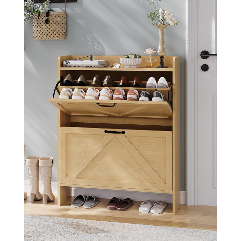 Shoe Storage Organizer with 2 Flip Drawers, Farmhouse Shoe Cabinet, Natural Wood