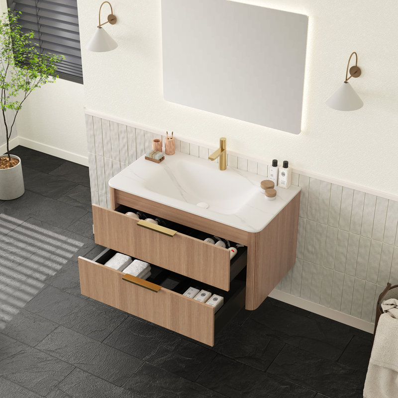 Meuble-lavabo de salle de bain luxueux en pierre frittée Mid-Century