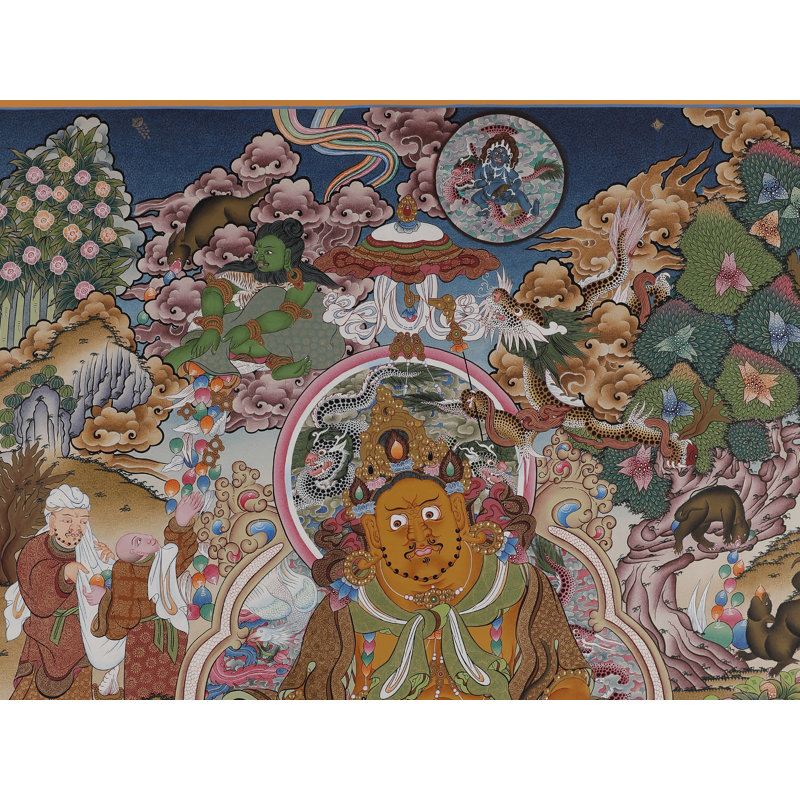 Thangka «Kubera - dieu tibétain de la richesse et de l'abondance» peint à la main | Toile de coton H 35,4 po x l 24,8 po avec feuille d'or véritable 24 carats