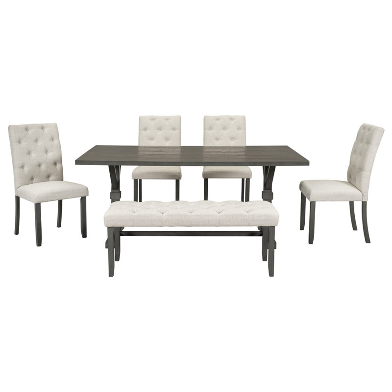 6-Piece Farmhouse Dining Table Set 72" Wood Rectangular Table, 4 Upholstered Chairs with Bench, Grey