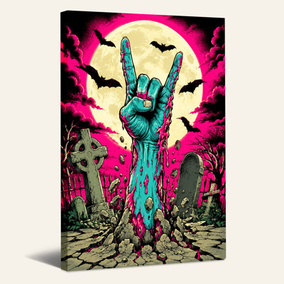 Teal Zombie Hand Making Rock Sign in Graveyard Halloween Canvas Wall Art