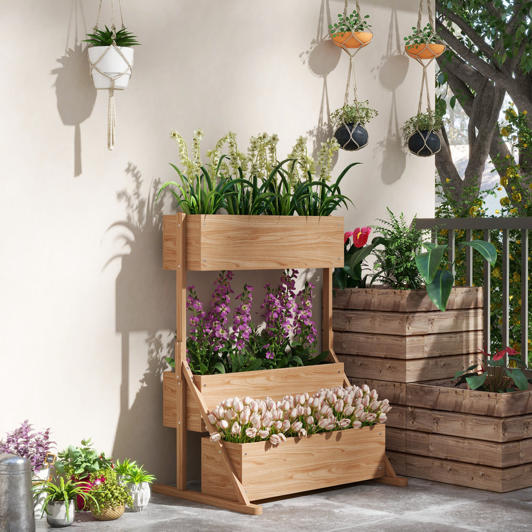 Hochbeet aus Holz, 3-Stufiger Blumenkasten Gemüsebeet mit Innenvlies, Natur