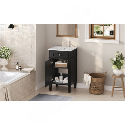 18-Inch Bathroom Vanity With Ceramic Sink, Freestanding Single Vanity Set With Soft Closing Door, Adjustable Shelf, French Style, Feet, Black