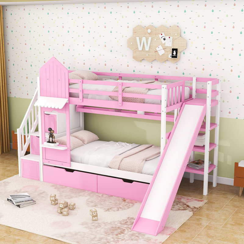 2 Drawers Bunk Bed with Storage Stairs, Slide and Shelves, Pink, Twin over Twin