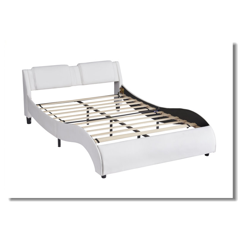 Upholstered Faux Leather Platform Bed With LED Light Bed Frame With Slatted, White, Queen
