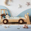 Lit voiture simple avec tablettes de rangement, lit plateforme pour enfants avec une jolie forme de voiture, design enfantin, naturel-793277601