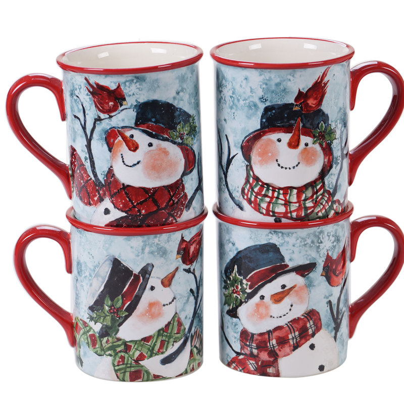 Festive Red Ceramic Snowman Winter Holiday Mug Set