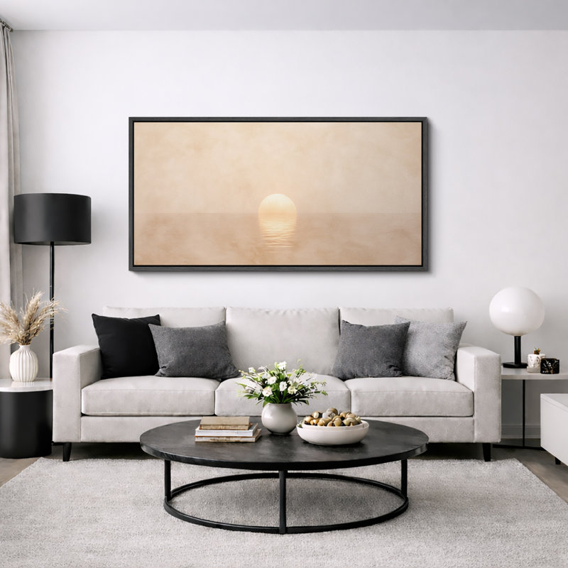 Minimalist Sunset Over Calm Sea Landscape Wall Decor Extra Large Pictures Framed Canvas Print Wall Art, Black, 30" H x 60" W