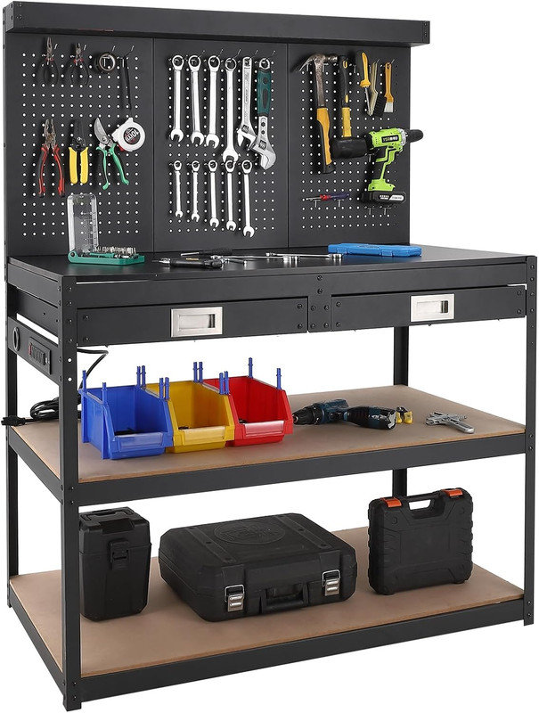 3-Tier Workbench with 2 Drawers & Pegboard, Work Table with Power Outlets