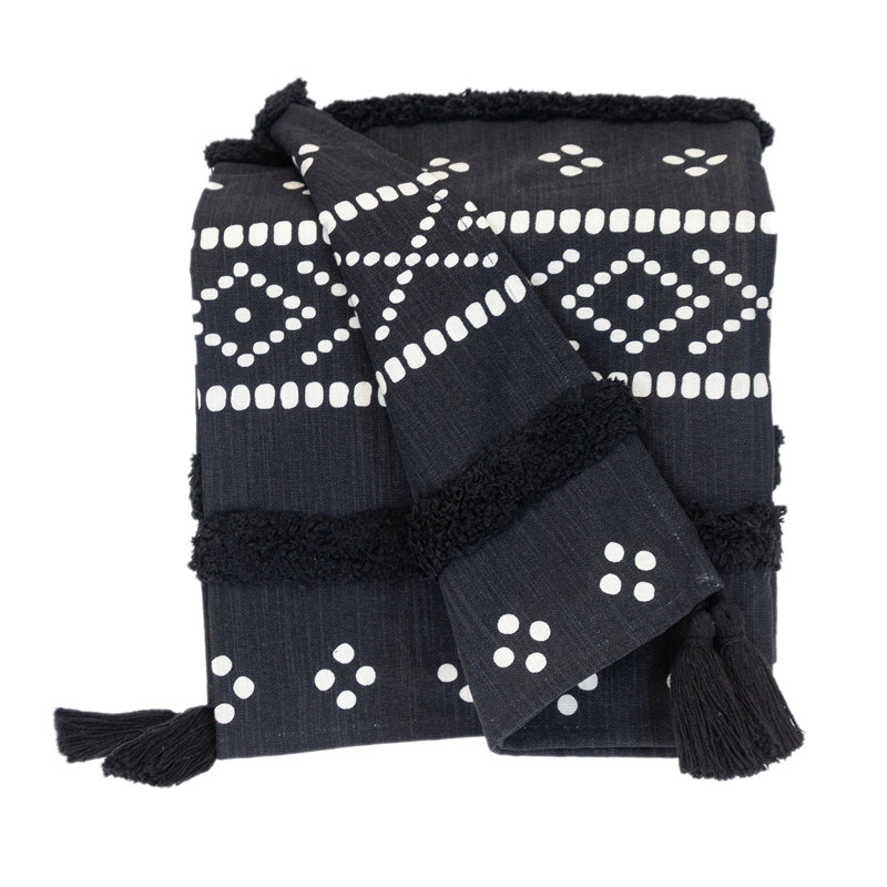 Transitional Black and White Cotton Throw with Tasseled Ends 50" x 60"