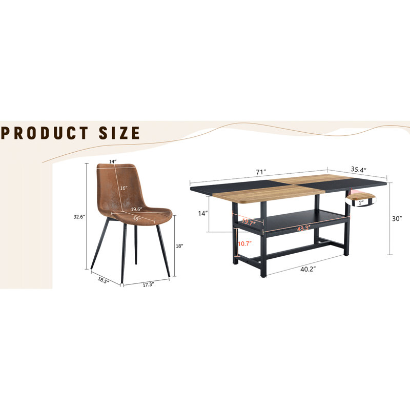 Table de salle à manger 71 pouces avec structure et plateforme de rangement pour 8 chaises en tissu brun 71 * 35,4 Scratch