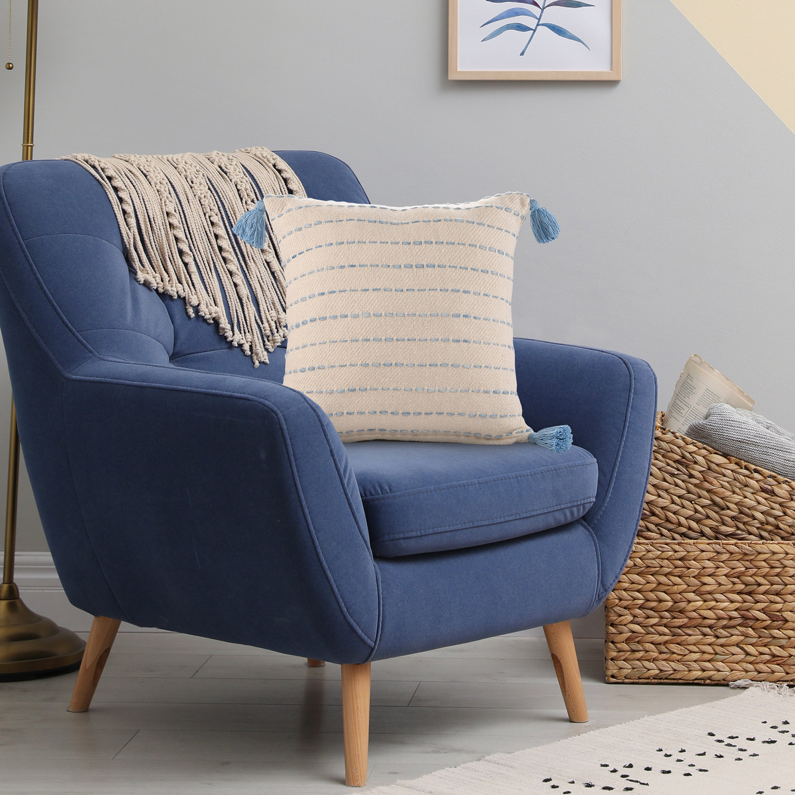 Hainsly Striped Cotton Throw Pillow, Blue/Natural, Pillow Cover Only - No Insert