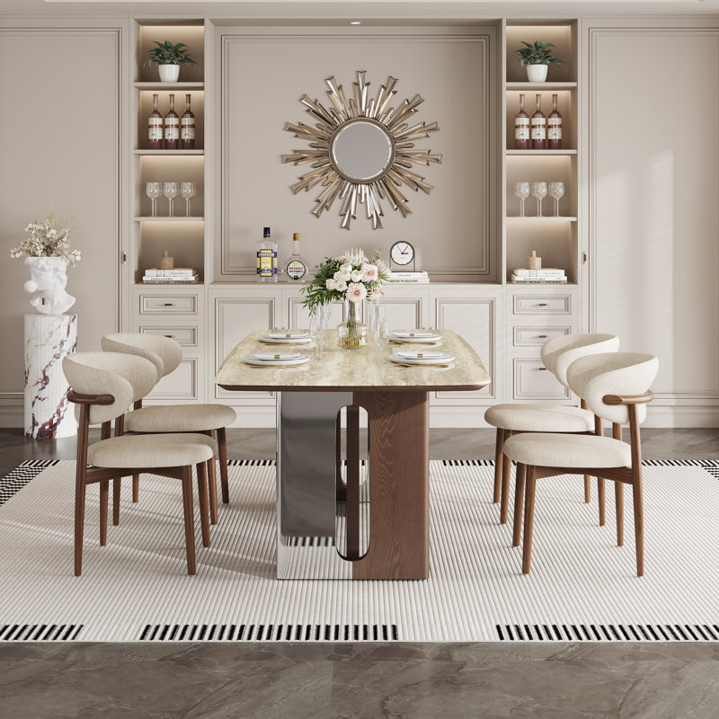 5-Piece Rectangular Dining Table Set For 4 People,63" Sintered Stone Tabletop Dining Table With 4 Brown Solid Chairs