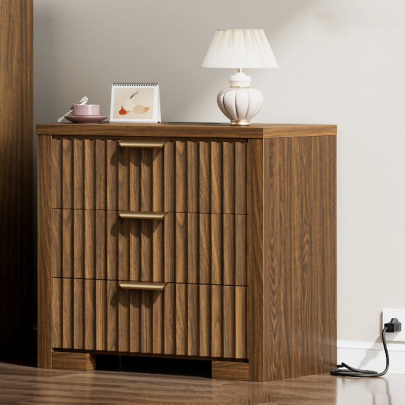 3-Drawer 23.6''W Night Stand with Built-In Outlets, Modern Fluted Bed Side Table, Walnut, 1