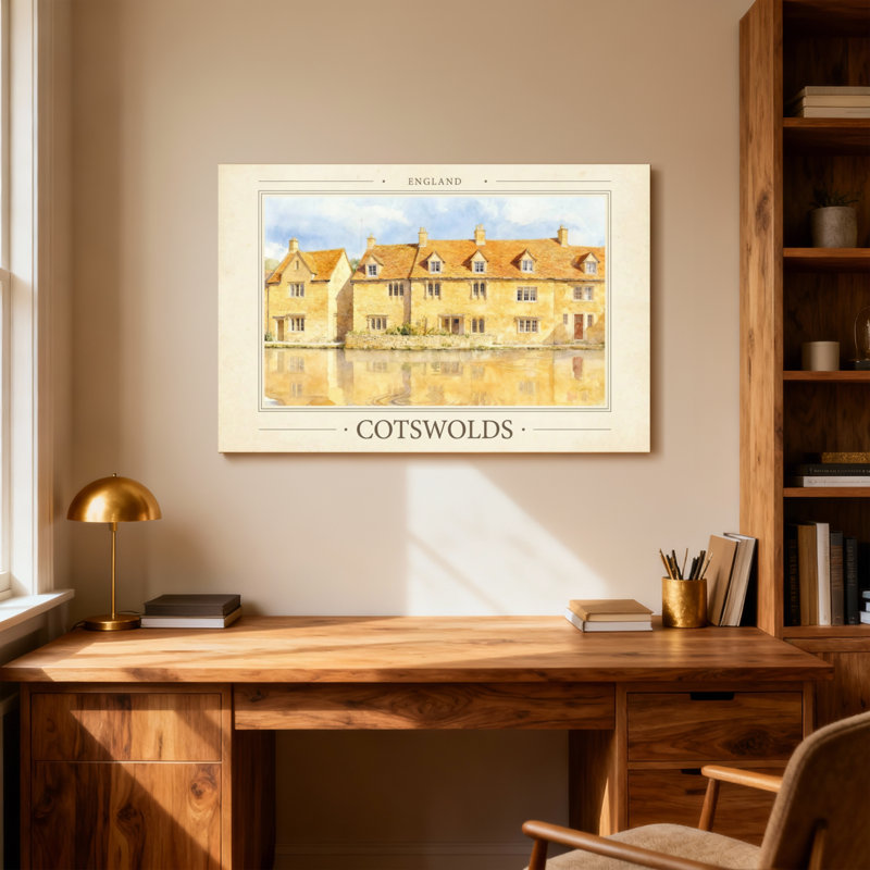 Paysages pittoresques et urbains Cotswolds, Angleterre, maisons en pierre, reflet de rivière, H 24 po x l 36 po
