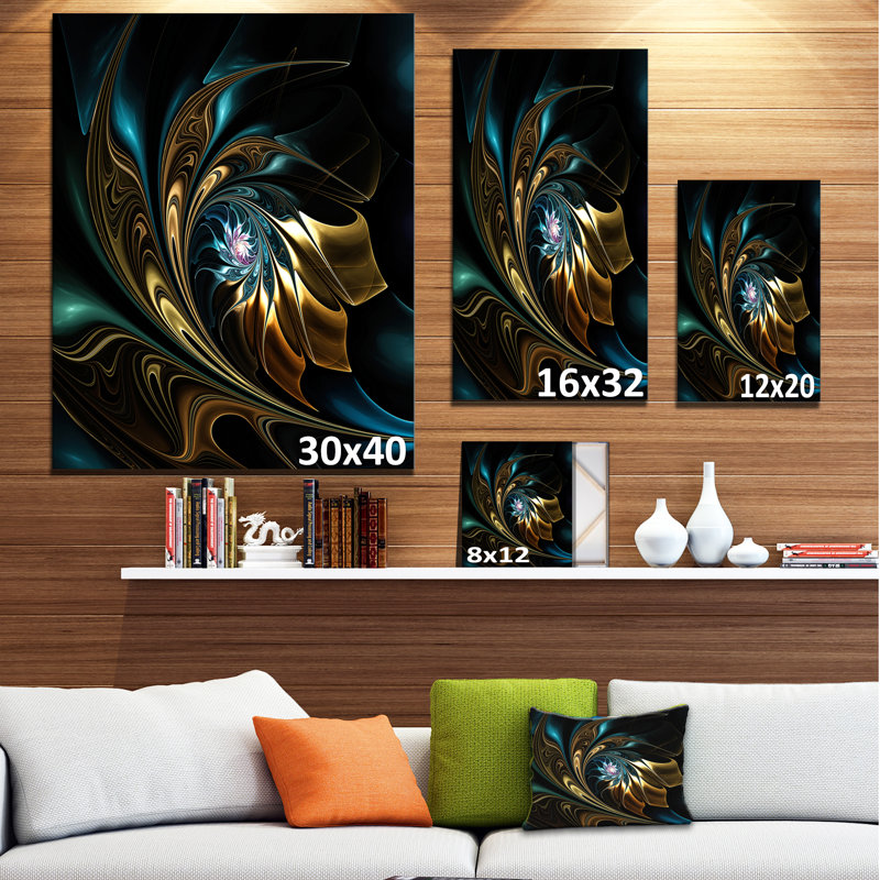 Fleur noire dorée moderne - art mural fleur fractale, impression avec fleur noire, H 20 po x l 12 po, Toile tendue