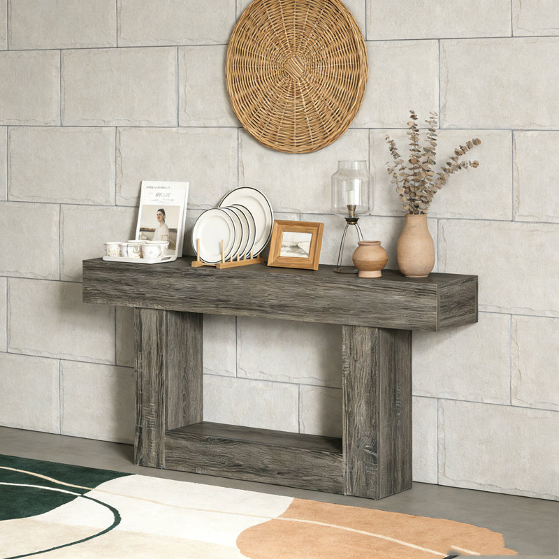 Wooden Farmhouse 2-Tier Sofa Entryway Table, Retro Gray