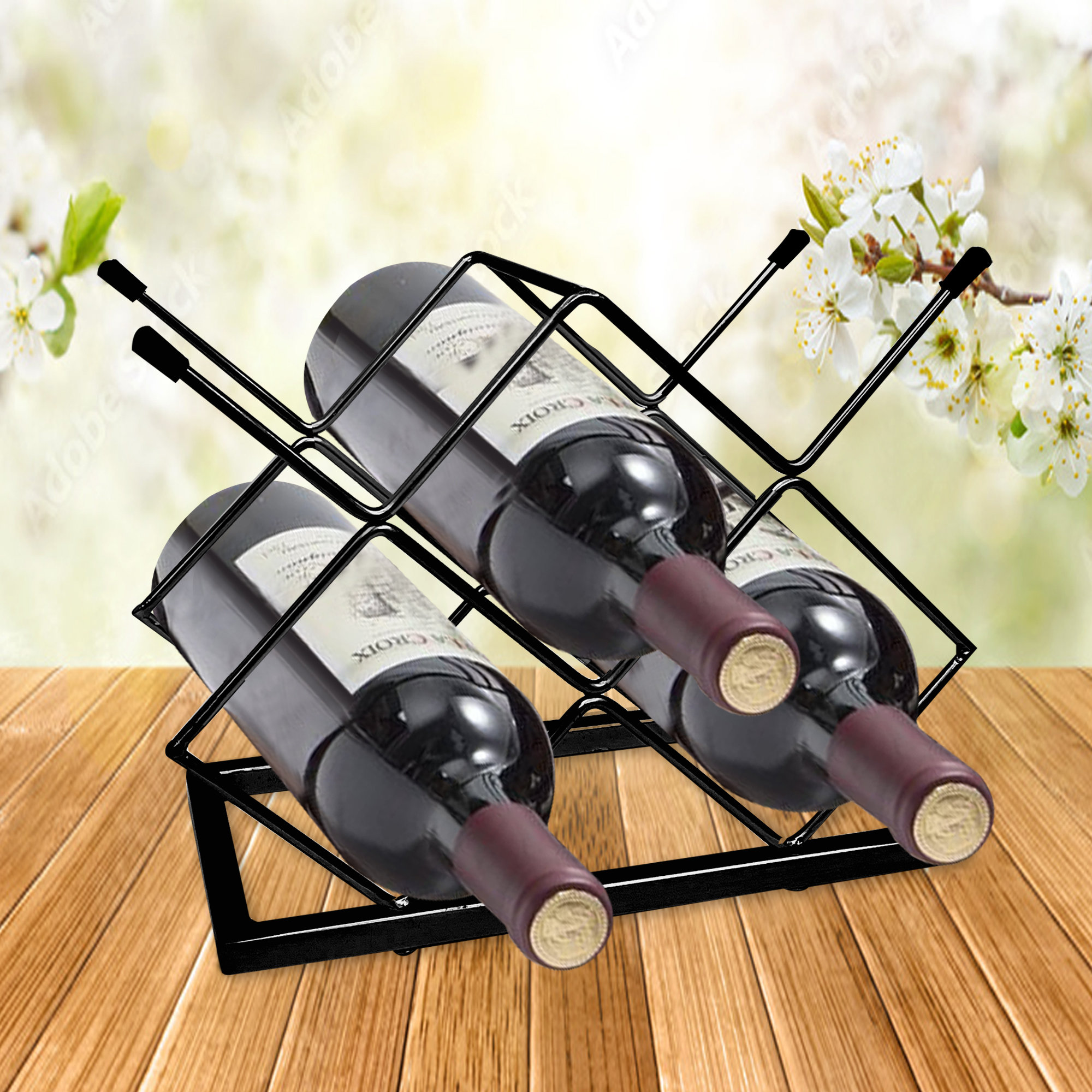 Bottle Organizer Gold With Glass Holder, Countertop Wooden Wine