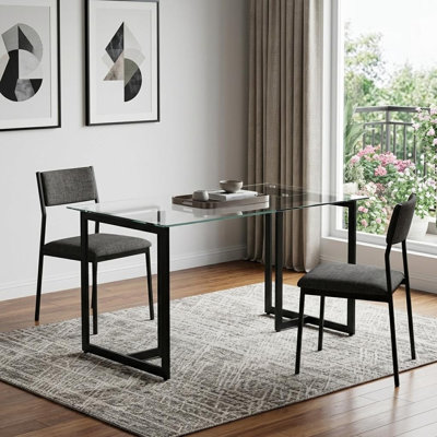 Table de salle à manger 55 "en verre transparent et noir et métal
