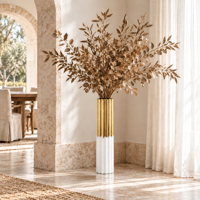 61cm Handmade Floor Vase Living Room Decor, Brass/White