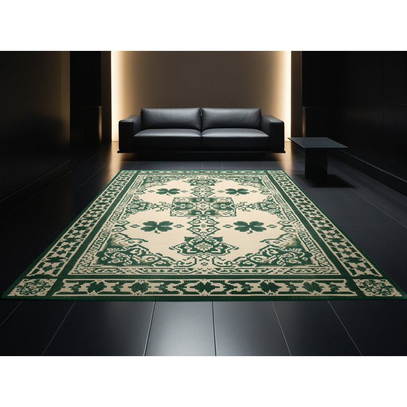 Machine Washable Andrus St Patties Modern & Contemporary Abstract Rug in Beige – Green Binding, 2x4