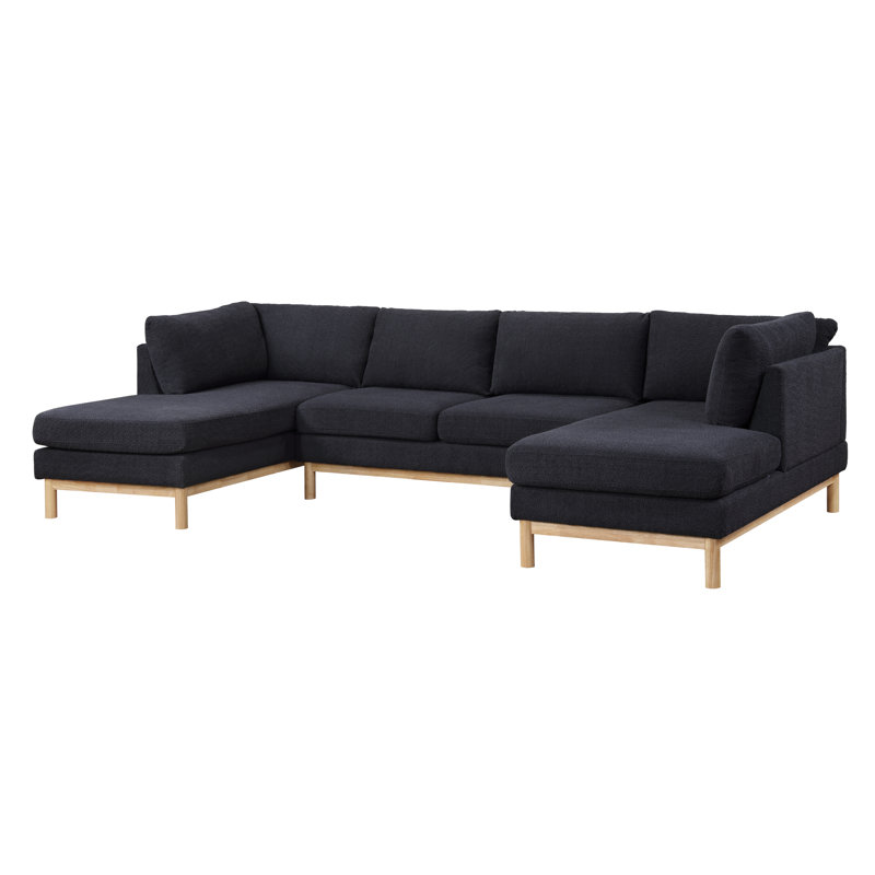 Hallie Sectional Sofa Double Chaise U-Shape Black Sherpa and Wood 124 Inches, Black Sherpa
